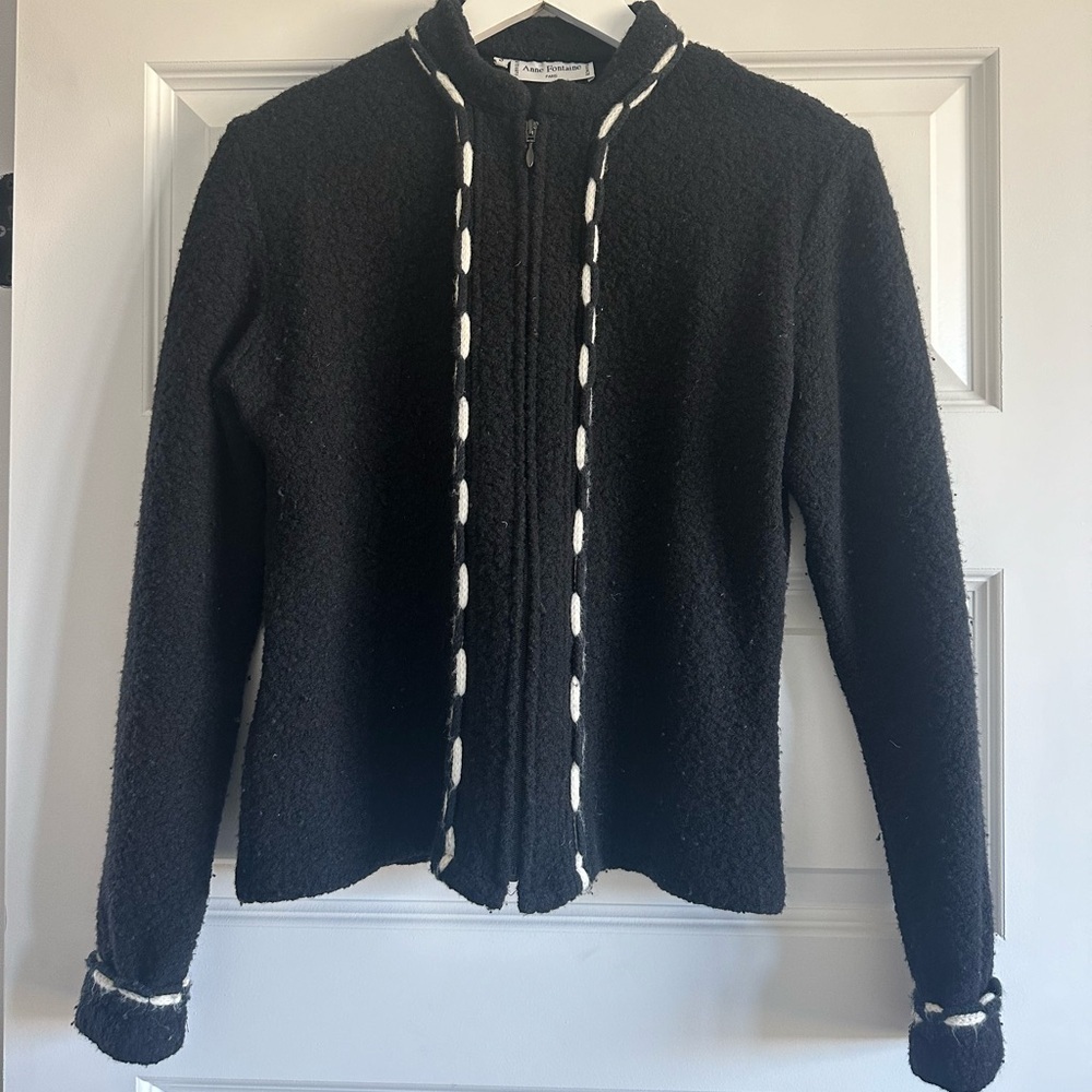 Anne Fontaine France Wool Blend Full Zip Longsleeve Black Cardigan Sweater Sz 3